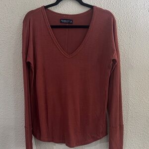 Abercrombie & Fitch Women's V-Neck Long Sleeve Top - Rust Brown
